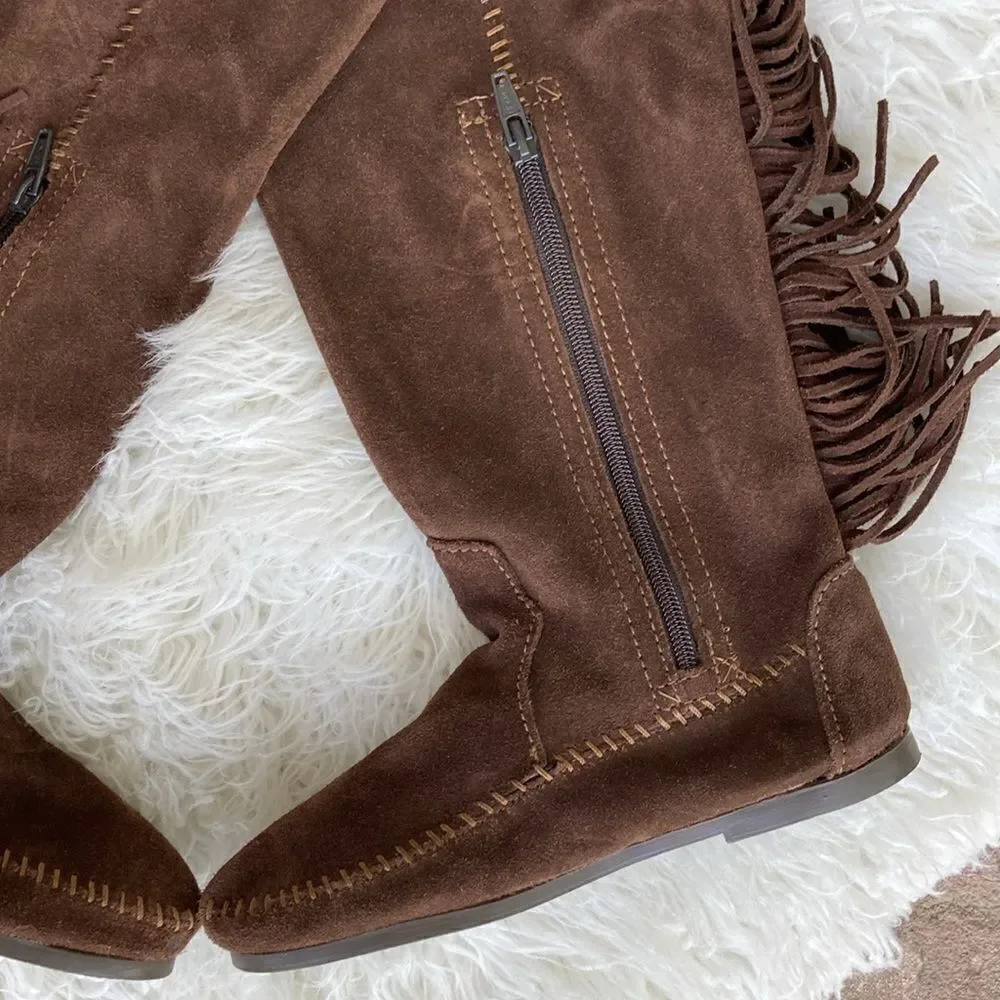 New Minnetonka Tall Leather Suede Brown Fringe Tall Moccasin Boots Size 5